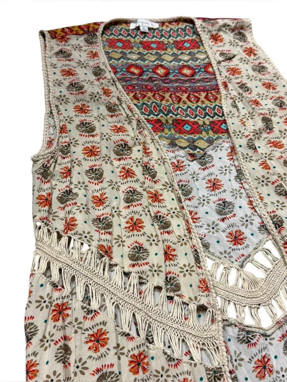 Umgee Boho Aztec Fringe Long Duster Vest Crochet Trim Plus Size 1XL - Picture 12 of 16